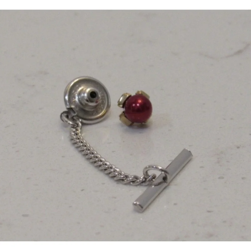 Vintage‎ Mens Red Faux Pearl Tie Tack Silver Tone Chain T-Bar Formal Accessory